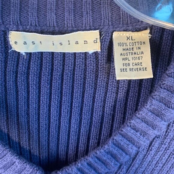 VINTAGE East Island Solid Navy Blue Red Stripes V Neck Sweater 100% Cotton XL - Picture 4 of 6